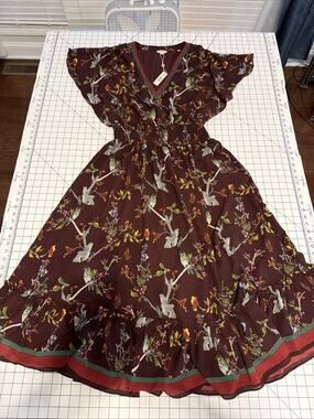 Max Studio Brown Orange Blue Floral Maxi Dress Size XL MSRP 198.00